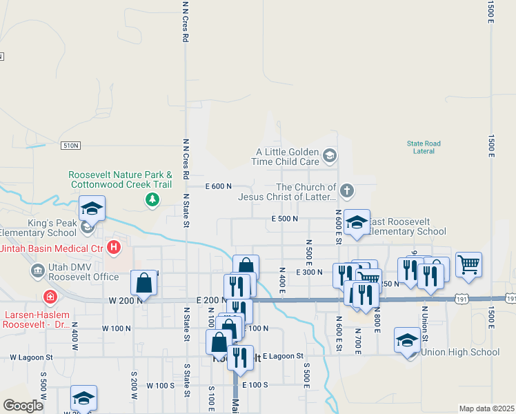 map of restaurants, bars, coffee shops, grocery stores, and more near 532 North 300 East in Roosevelt
