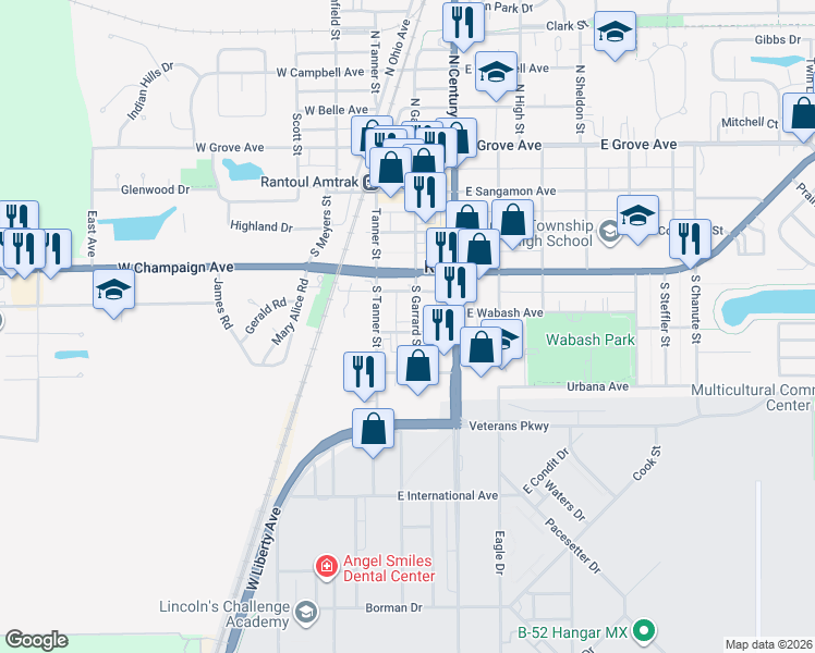 map of restaurants, bars, coffee shops, grocery stores, and more near 342 South Garrard Street in Rantoul