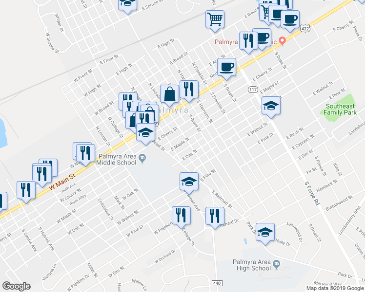 map of restaurants, bars, coffee shops, grocery stores, and more near 120 East Maple Street in Palmyra