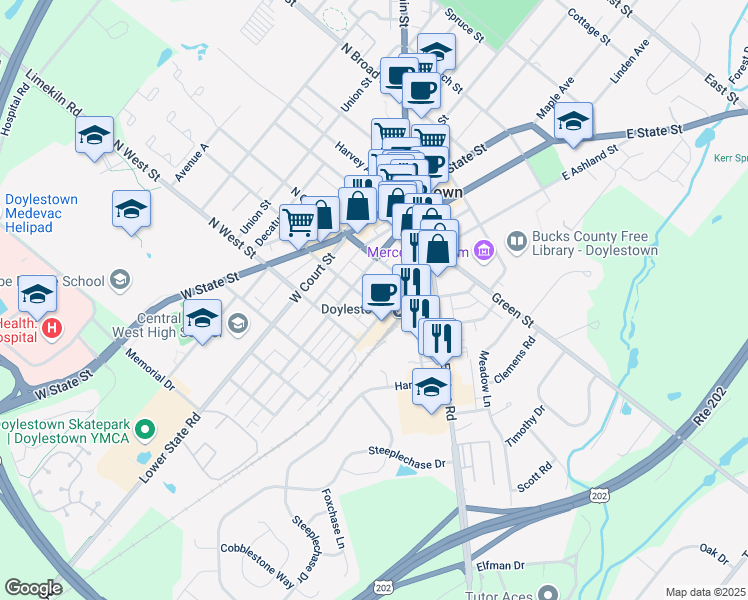 map of restaurants, bars, coffee shops, grocery stores, and more near 123 South Franklin Street in Doylestown