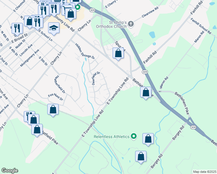 map of restaurants, bars, coffee shops, grocery stores, and more near 113 Deerfield Drive in Souderton