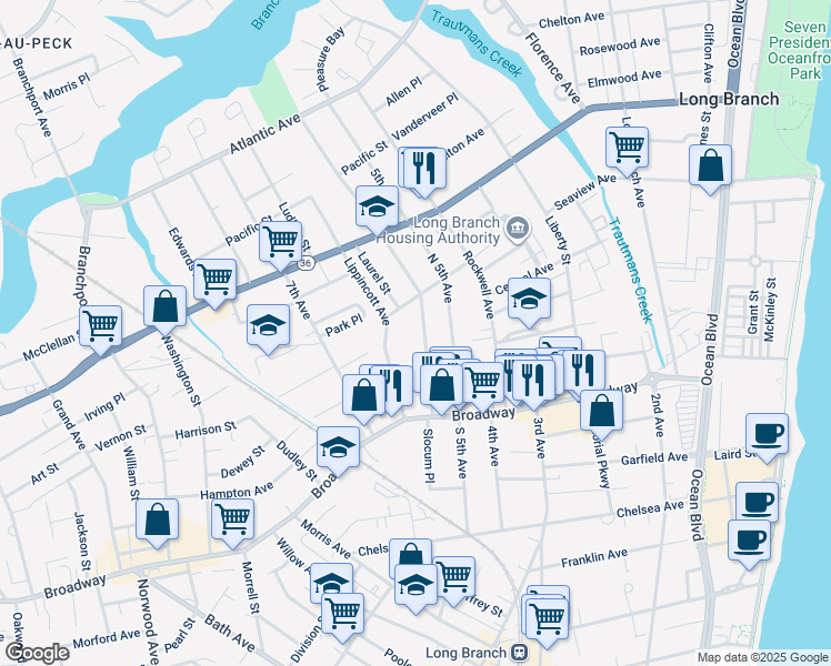 map of restaurants, bars, coffee shops, grocery stores, and more near 72 6th Avenue in Long Branch