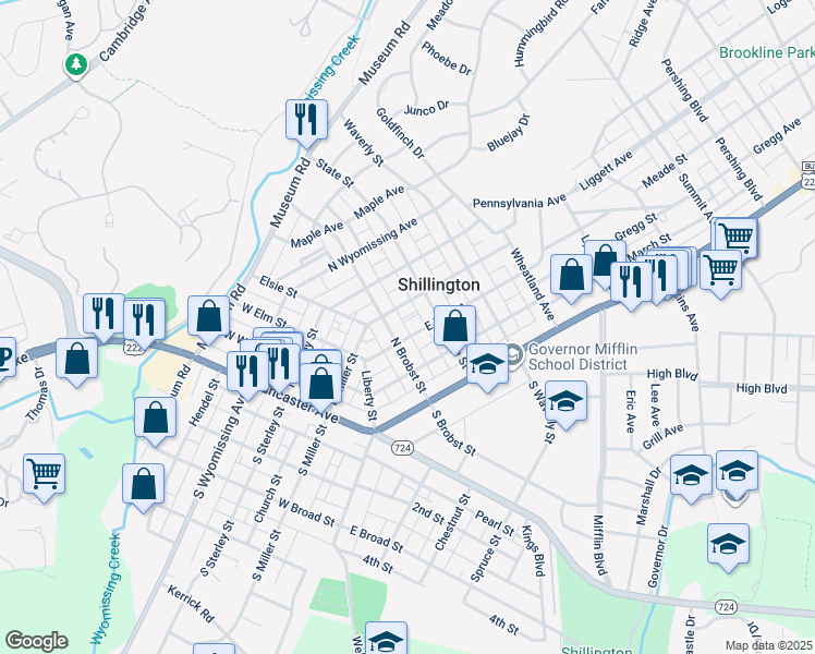 map of restaurants, bars, coffee shops, grocery stores, and more near 131 East Elm Street in Shillington