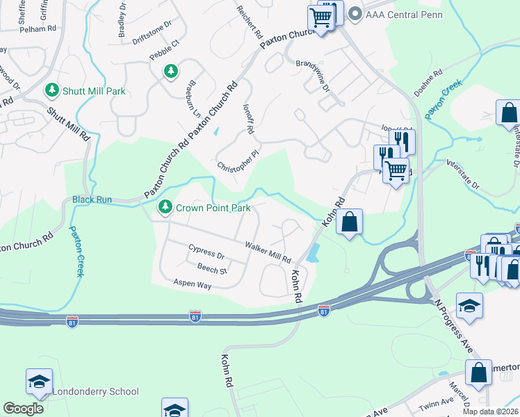 map of restaurants, bars, coffee shops, grocery stores, and more near 2221 Gorse Drive in Harrisburg