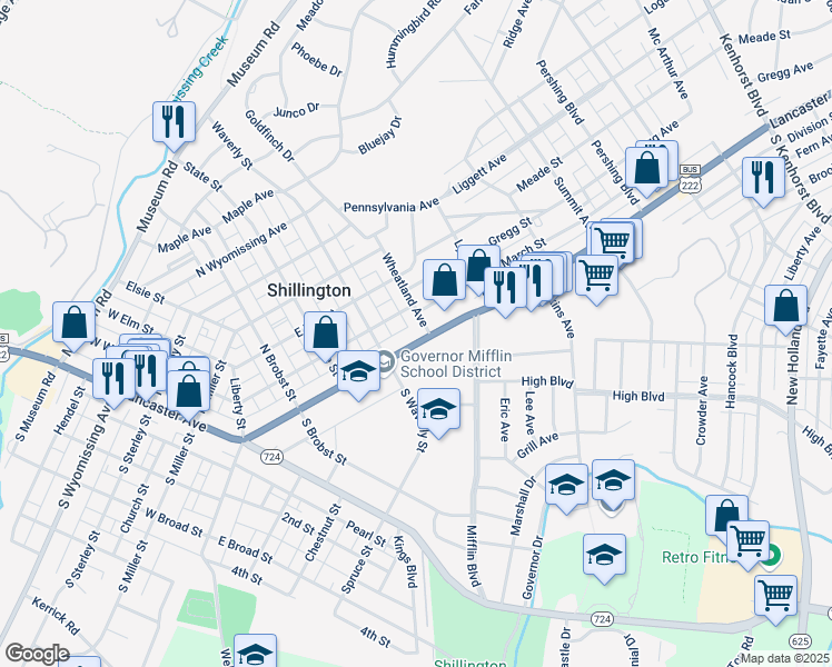 map of restaurants, bars, coffee shops, grocery stores, and more near 321 Lancaster Avenue in Reading