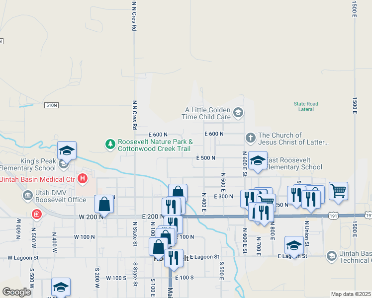 map of restaurants, bars, coffee shops, grocery stores, and more near 532 North 300 East in Roosevelt