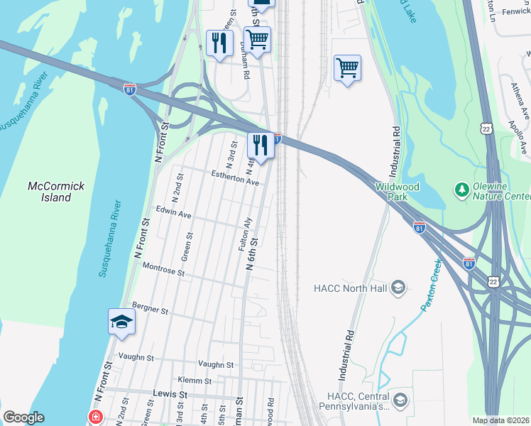 map of restaurants, bars, coffee shops, grocery stores, and more near 3617 North 6th Street in Harrisburg
