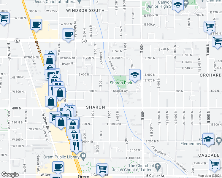 map of restaurants, bars, coffee shops, grocery stores, and more near 510 North 200 East Street in Orem