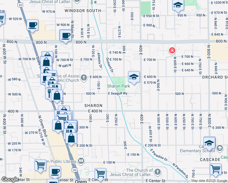 map of restaurants, bars, coffee shops, grocery stores, and more near 237 500 North in Orem