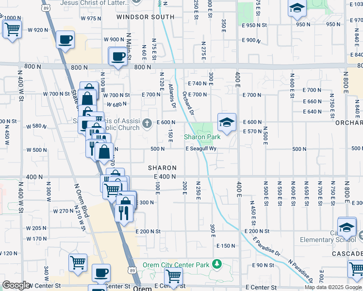 map of restaurants, bars, coffee shops, grocery stores, and more near 187 500 North in Orem