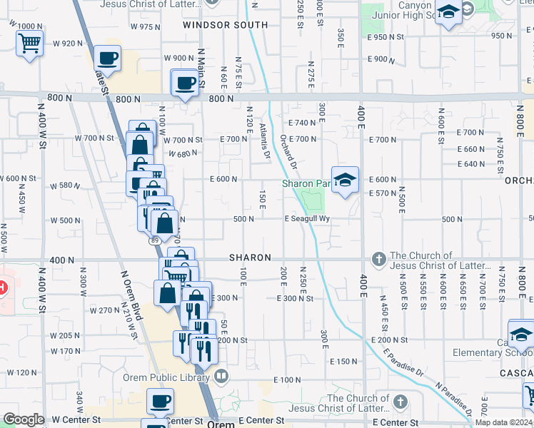 map of restaurants, bars, coffee shops, grocery stores, and more near 187 500 North in Orem