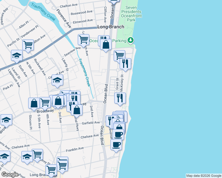 map of restaurants, bars, coffee shops, grocery stores, and more near 7 Whitman Terrace in Long Branch