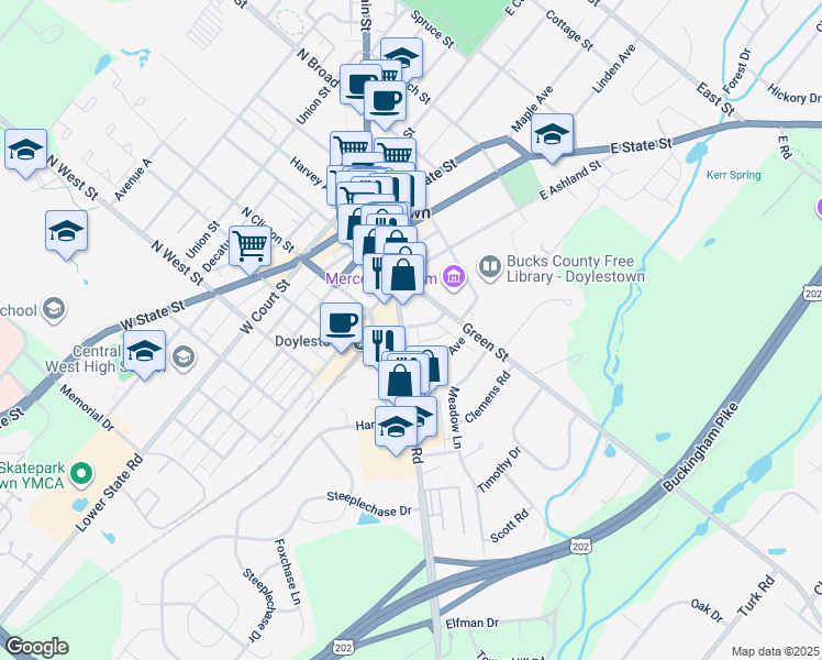 map of restaurants, bars, coffee shops, grocery stores, and more near in Doylestown