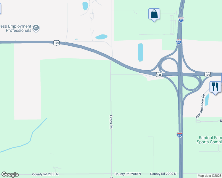 map of restaurants, bars, coffee shops, grocery stores, and more near 2974 Township Highway 174 East in Rantoul