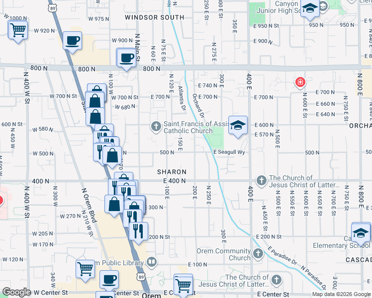 map of restaurants, bars, coffee shops, grocery stores, and more near 171 E 500 N in Orem