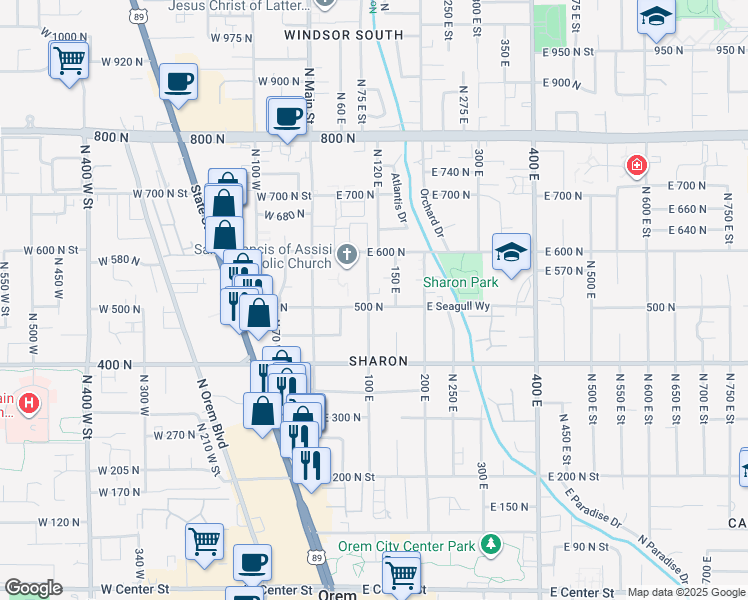 map of restaurants, bars, coffee shops, grocery stores, and more near 512 100 East in Orem