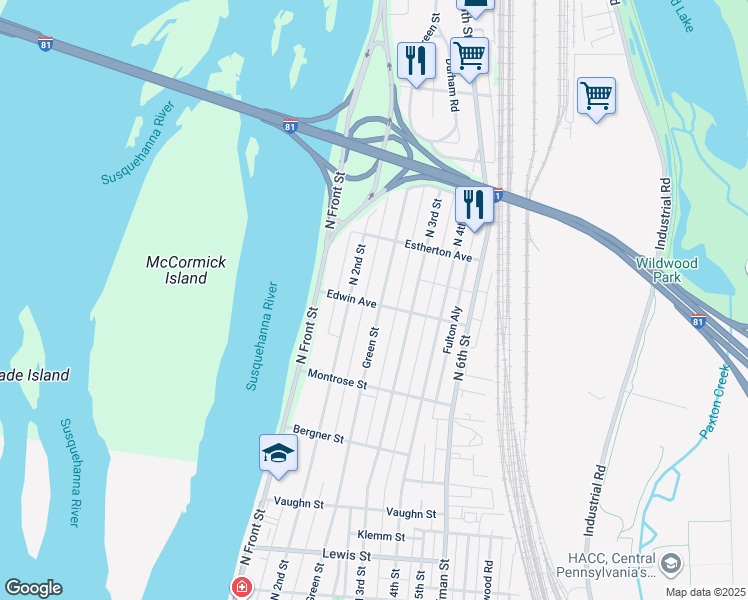 map of restaurants, bars, coffee shops, grocery stores, and more near 3600 Green Street in Harrisburg