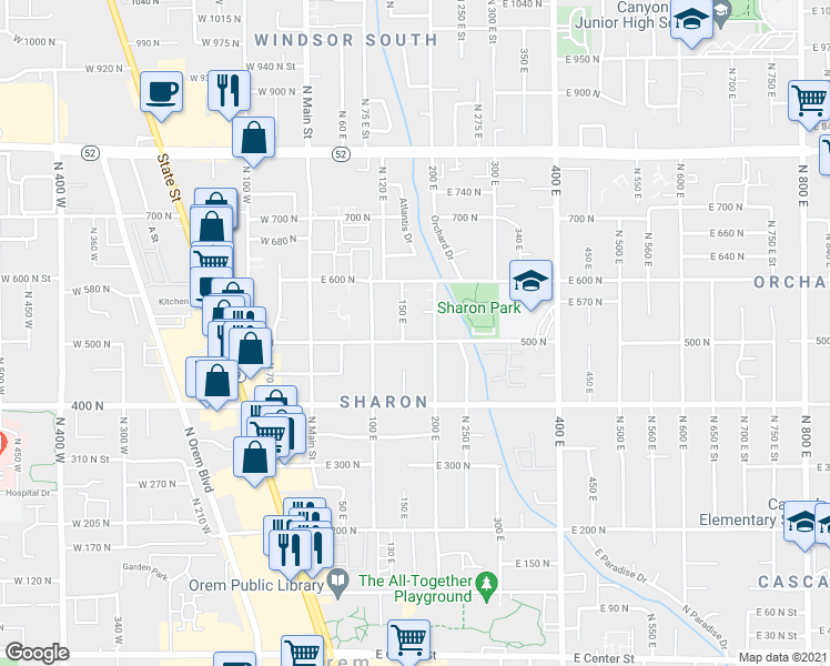 map of restaurants, bars, coffee shops, grocery stores, and more near 171 E 500 N in Orem