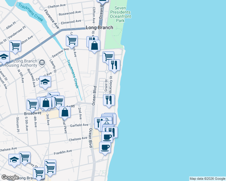 map of restaurants, bars, coffee shops, grocery stores, and more near 22 Ocean Avenue North in Long Branch