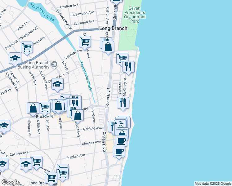 map of restaurants, bars, coffee shops, grocery stores, and more near 3 Whitman Terrace in Long Branch