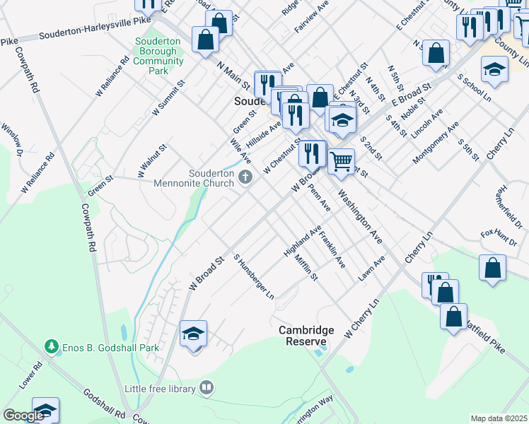 map of restaurants, bars, coffee shops, grocery stores, and more near 203 West Broad Street in Souderton