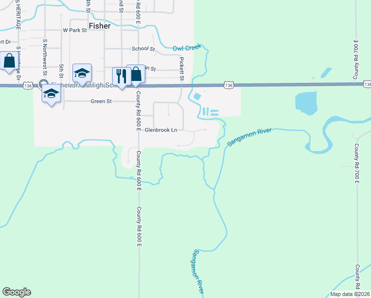 map of restaurants, bars, coffee shops, grocery stores, and more near 53 Meadow Lane in Fisher