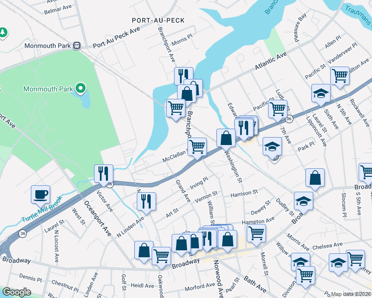 map of restaurants, bars, coffee shops, grocery stores, and more near 607 Mcclellan Street in Long Branch