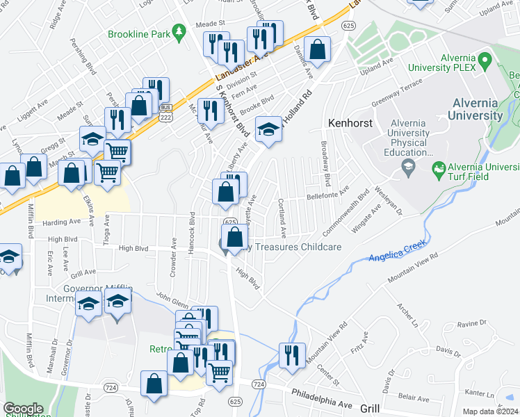 map of restaurants, bars, coffee shops, grocery stores, and more near 641 Haig Boulevard in Reading