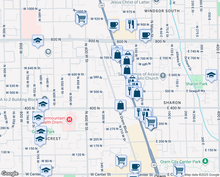 map of restaurants, bars, coffee shops, grocery stores, and more near 522 North 280 West Street in Orem