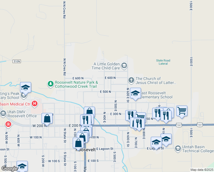 map of restaurants, bars, coffee shops, grocery stores, and more near 530 North 400 East in Roosevelt