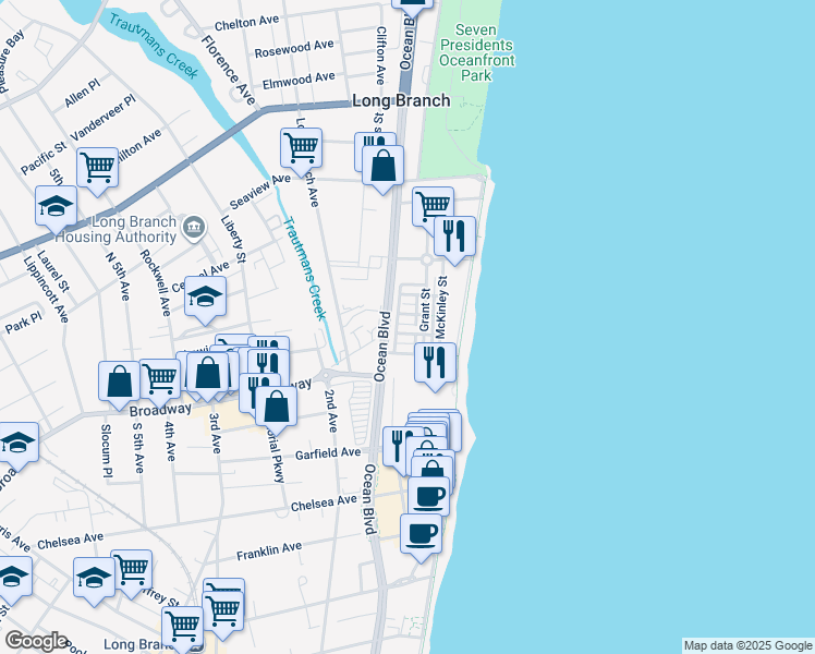 map of restaurants, bars, coffee shops, grocery stores, and more near 7 Whitman Terrace in Long Branch