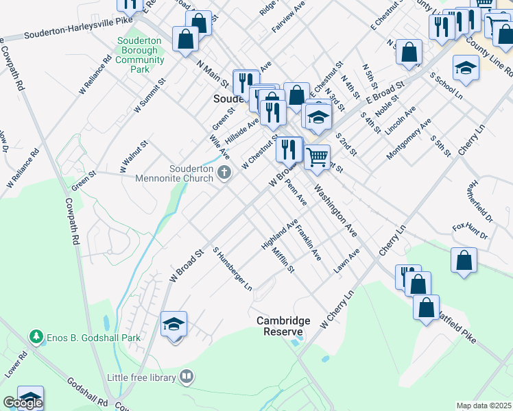 map of restaurants, bars, coffee shops, grocery stores, and more near 132 West Broad Street in Souderton