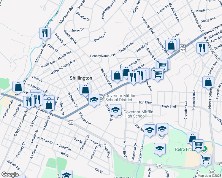 map of restaurants, bars, coffee shops, grocery stores, and more near 321 Lancaster Avenue in Reading