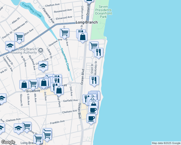 map of restaurants, bars, coffee shops, grocery stores, and more near 14 Grant Street in Long Branch