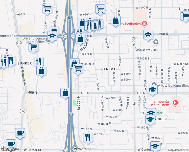 map of restaurants, bars, coffee shops, grocery stores, and more near 1077 West 500 North in Orem