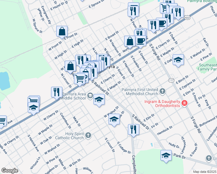 map of restaurants, bars, coffee shops, grocery stores, and more near 101 East Maple Street in Palmyra
