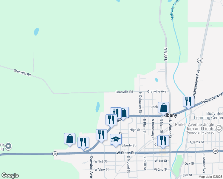 map of restaurants, bars, coffee shops, grocery stores, and more near 12200 Granville Road in Albany