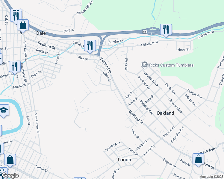 map of restaurants, bars, coffee shops, grocery stores, and more near 1167 Miles Street in Johnstown