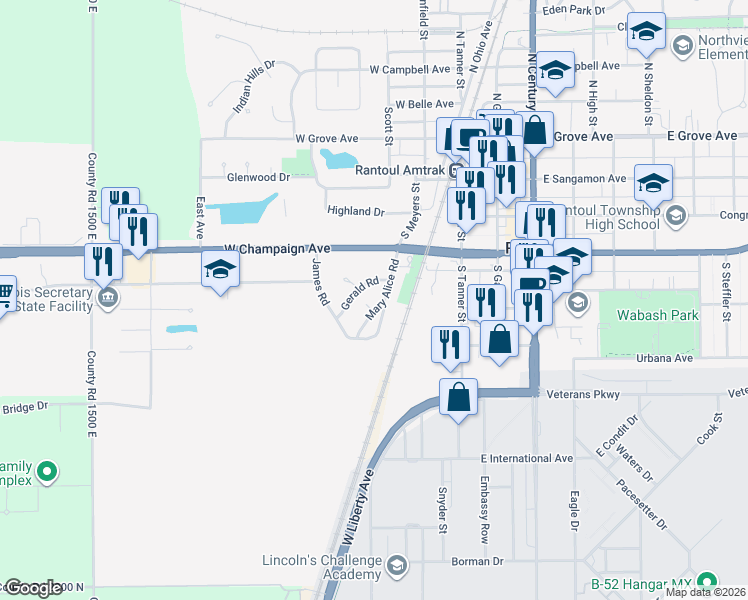 map of restaurants, bars, coffee shops, grocery stores, and more near 212 Mary Alice Road in Rantoul