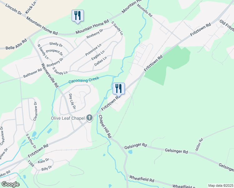 map of restaurants, bars, coffee shops, grocery stores, and more near 781 Fritztown Road in Sinking Spring