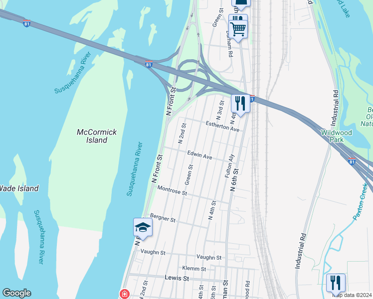 map of restaurants, bars, coffee shops, grocery stores, and more near 202 Edwin Avenue in Harrisburg