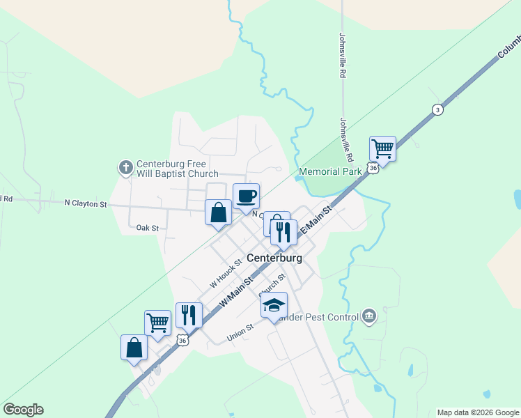 map of restaurants, bars, coffee shops, grocery stores, and more near 76 North Clayton Street in Centerburg