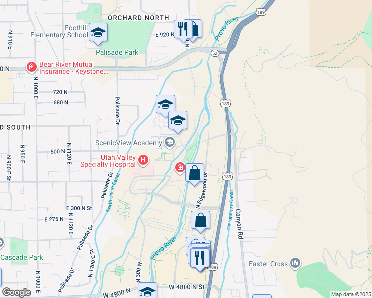 map of restaurants, bars, coffee shops, grocery stores, and more near 5448 Heritage School Drive in Provo