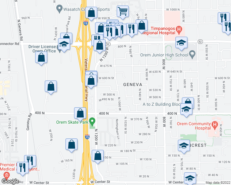 map of restaurants, bars, coffee shops, grocery stores, and more near 1077 West 500 North in Orem