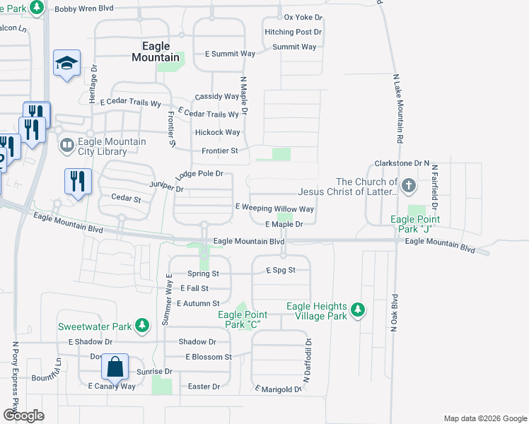 map of restaurants, bars, coffee shops, grocery stores, and more near 2264 East Weeping Willow Way in Eagle Mountain
