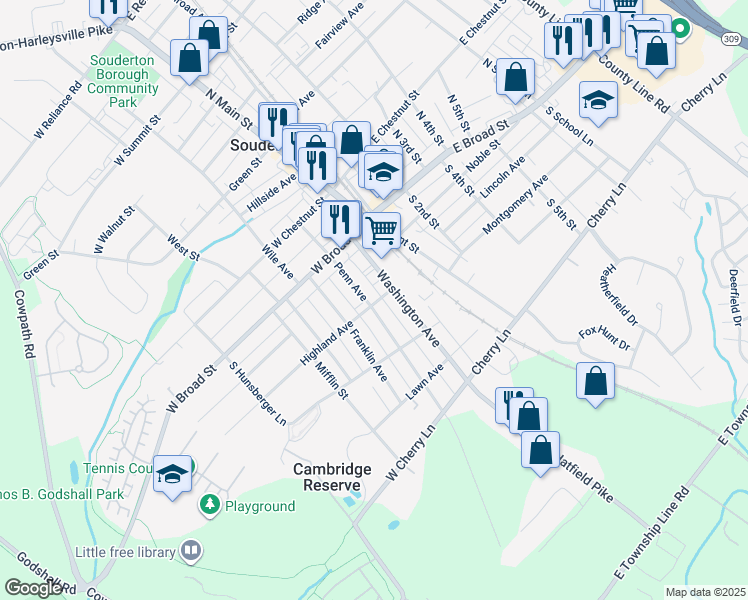 map of restaurants, bars, coffee shops, grocery stores, and more near 60 Penn Avenue in Souderton