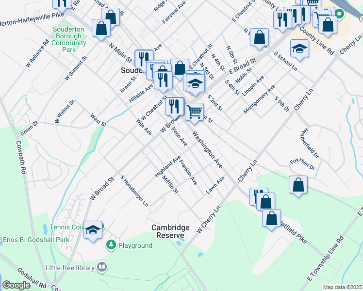 map of restaurants, bars, coffee shops, grocery stores, and more near 60 Penn Avenue in Souderton