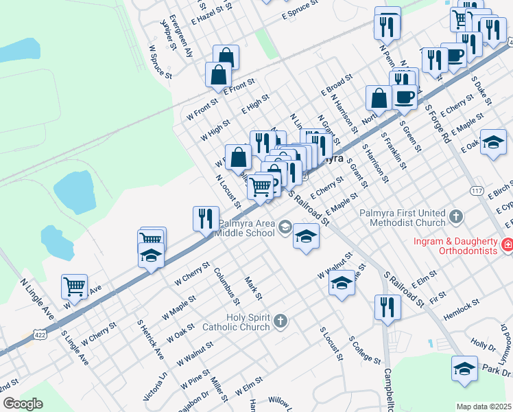 map of restaurants, bars, coffee shops, grocery stores, and more near 112 West Main Street in Palmyra