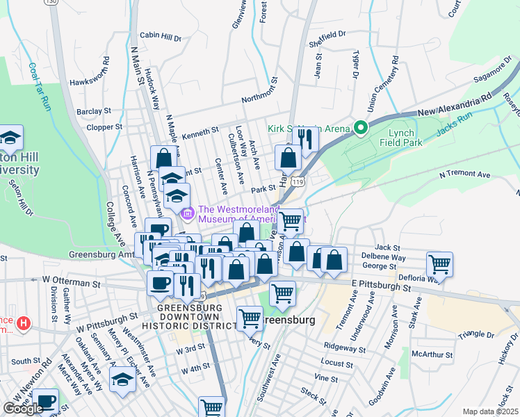 map of restaurants, bars, coffee shops, grocery stores, and more near 201 Culbertson Avenue in Greensburg