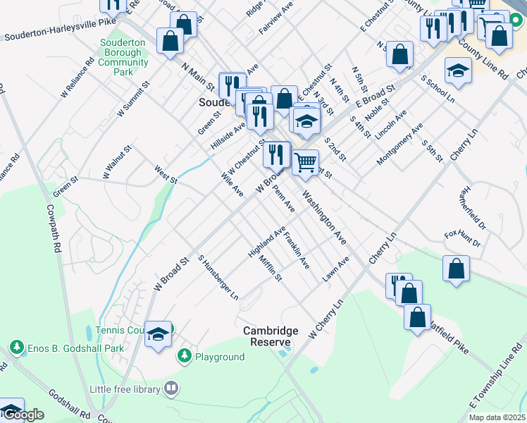 map of restaurants, bars, coffee shops, grocery stores, and more near 24 Franklin Avenue in Souderton